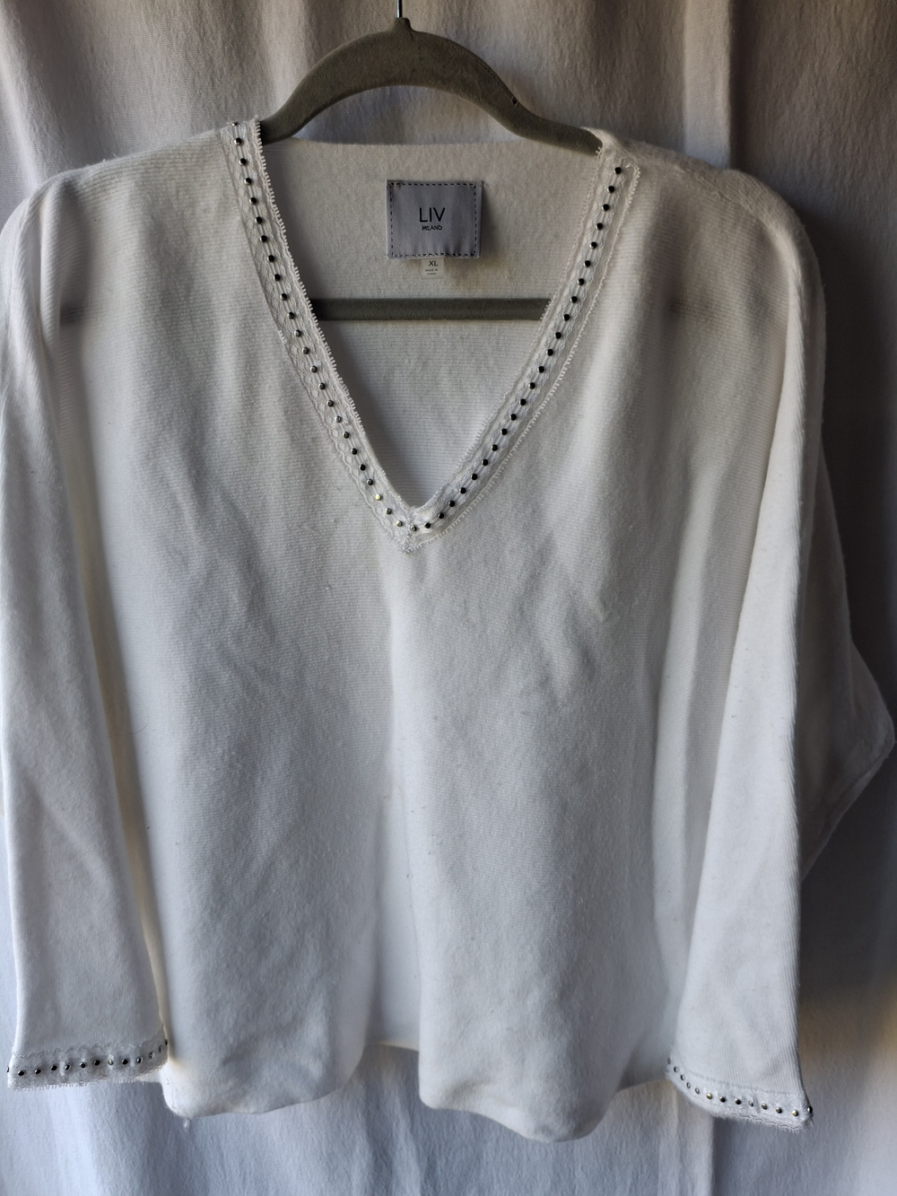 Milano White V-Neck Sweater with Stud Trim